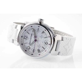 Louis Vuitton Tambour Slim Series Ecco Leather Strap Watch White