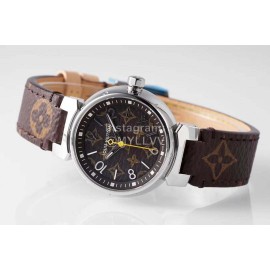 Louis Vuitton Tambour Slim Series Ecco Leather Strap Watch Brown