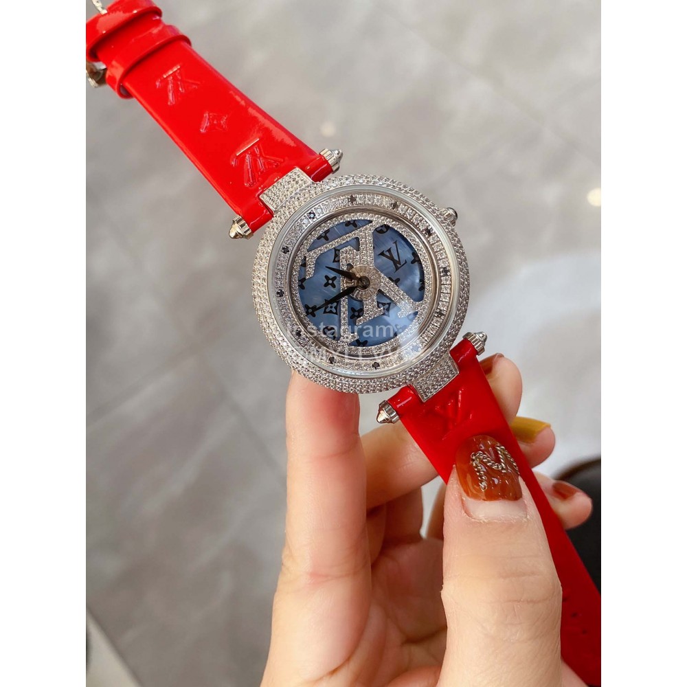 Louis Vuitton 316l Fine Steel Case Diamond Dial Watch For Women Red