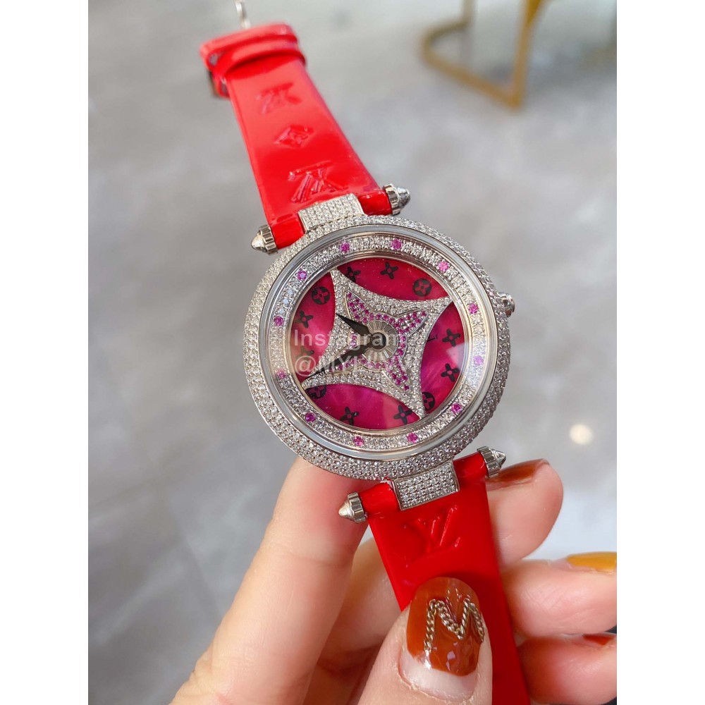 Louis Vuitton 316l Fine Steel Case Diamond Dial Leather Strap Watch For Women