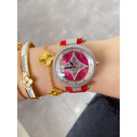 Louis Vuitton 316l Fine Steel Case Diamond Dial Leather Strap Watch For Women