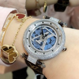 Louis Vuitton 316l Fine Steel Case Leather Strap Diamond Watch For Women 