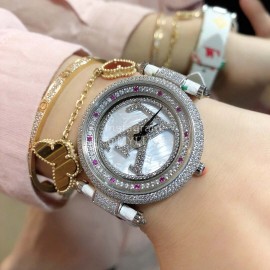 Louis Vuitton 316l Fine Steel Case Leather Strap Watch For Women White