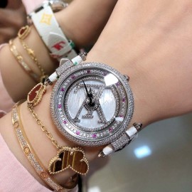 Louis Vuitton 316l Fine Steel Case Leather Strap Watch For Women White