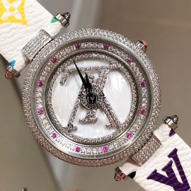 Louis Vuitton 316l Fine Steel Case Leather Strap Watch For Women White