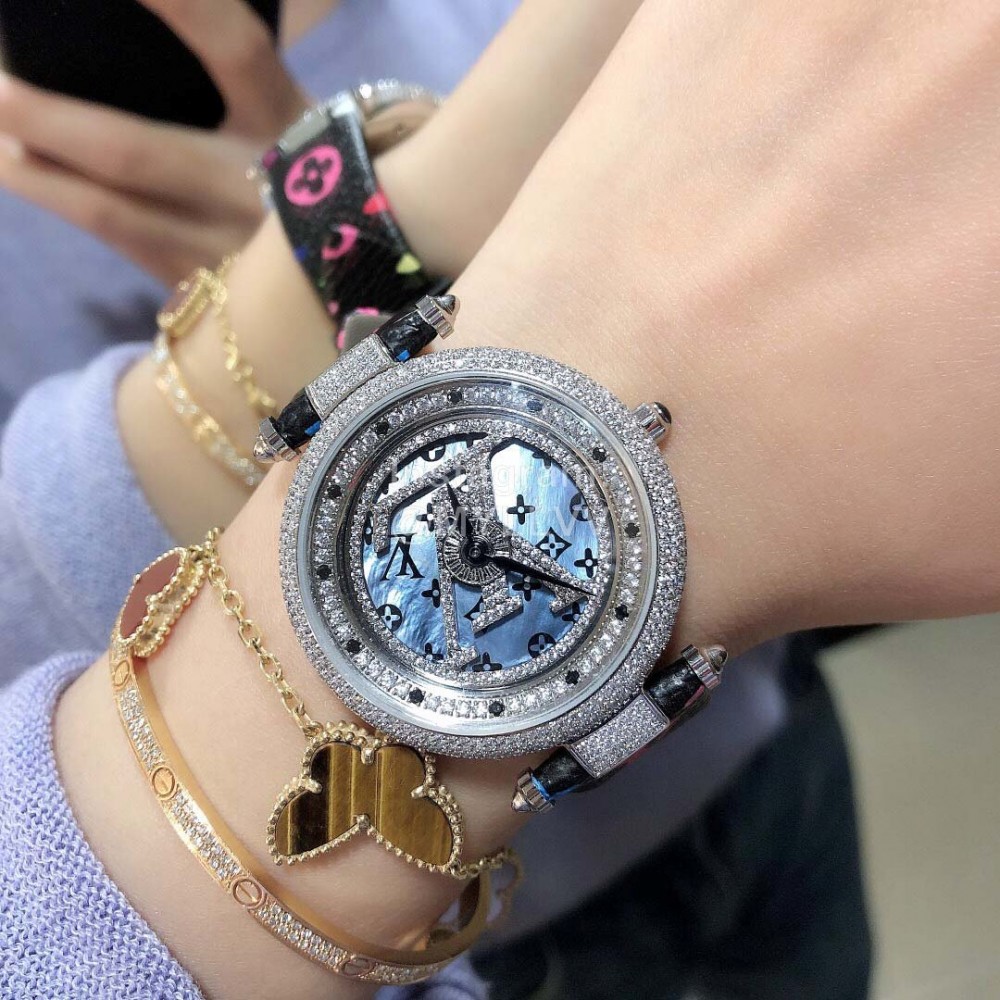 Louis Vuitton 316l Fine Steel Case Leather Strap Watch For Women Black