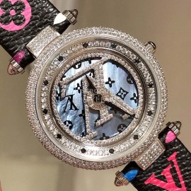 Louis Vuitton 316l Fine Steel Case Leather Strap Watch For Women Black