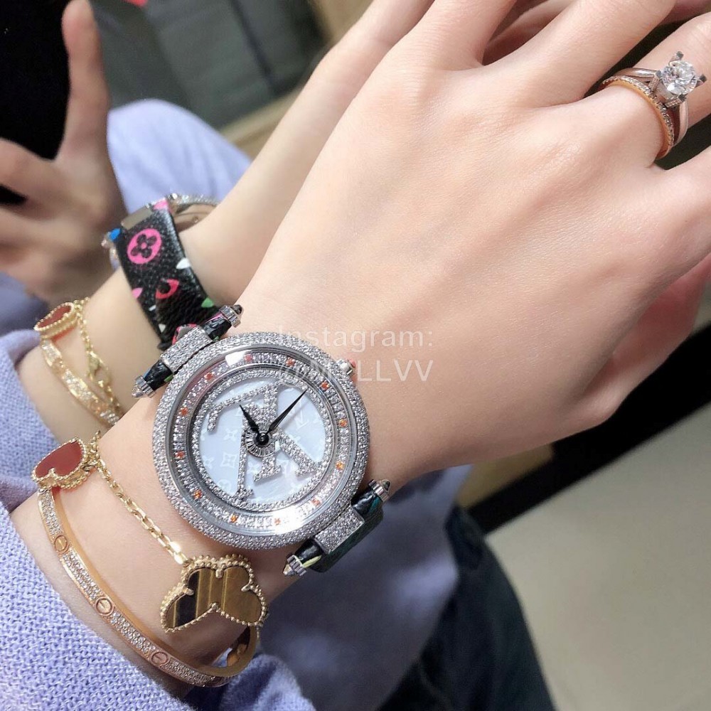 Louis Vuitton 316l Fine Steel Case Diamond Leather Strap Watch For Women 