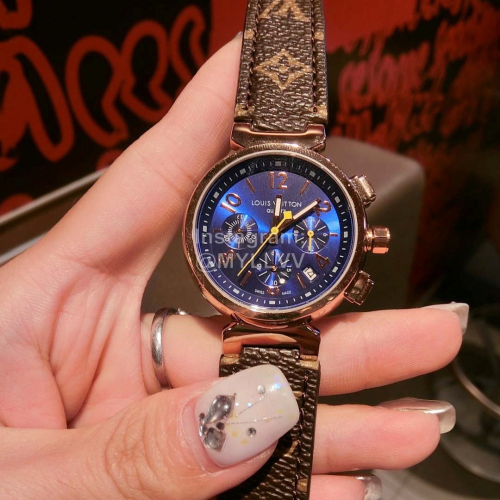 Louis Vuitton Leather Strap Blue Dial Quartz Watch For Women