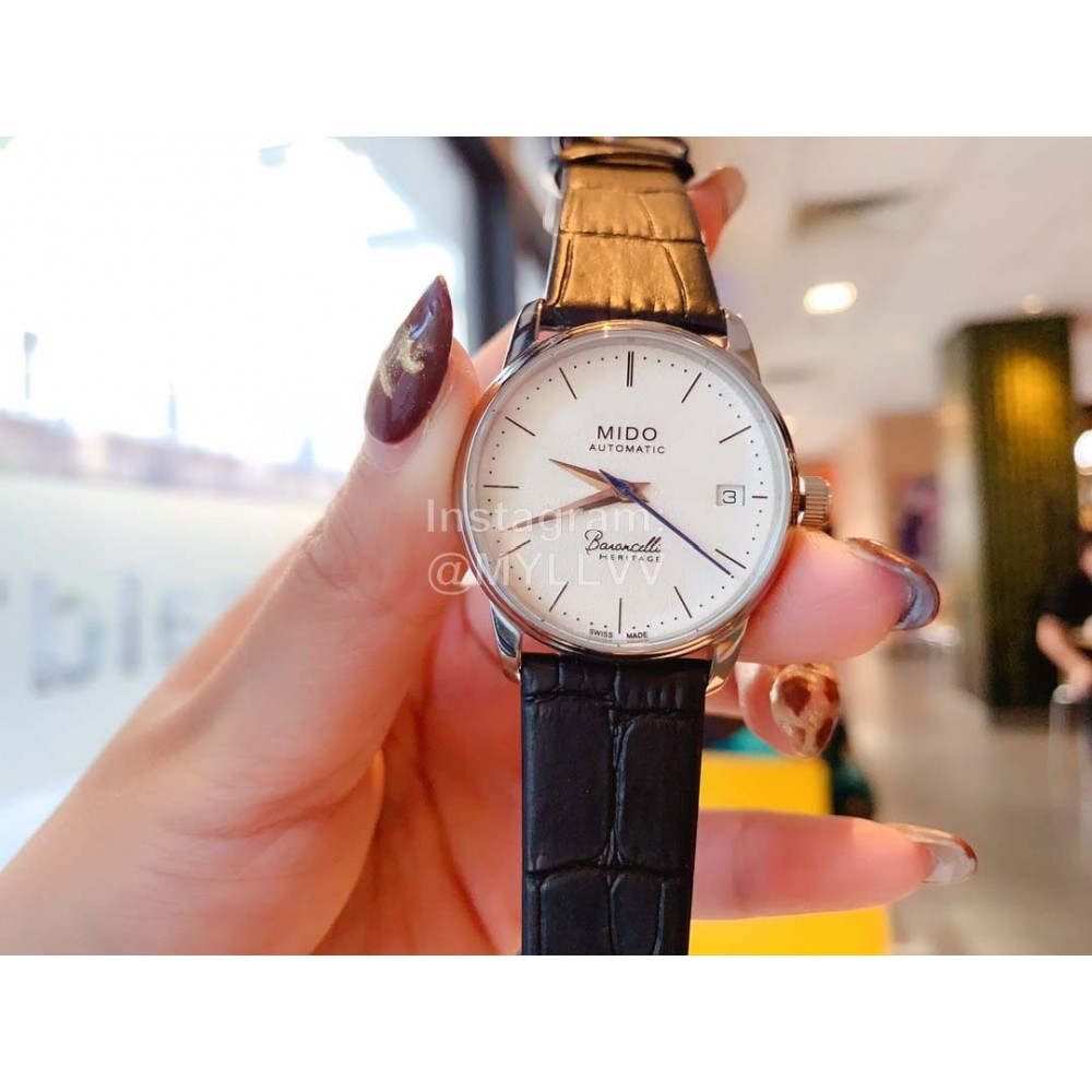 Mido Ultra Thin Case Leather Strap Watch For Women Black