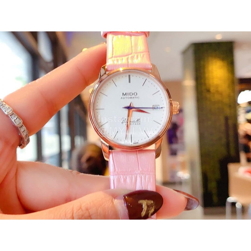 Mido Ultra Thin Case Leather Strap Watch For Women Pink
