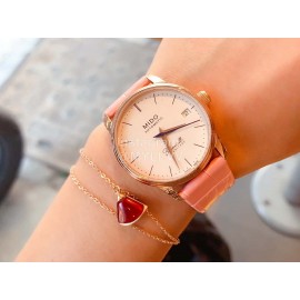 Mido Ultra Thin Case Leather Strap Watch For Women Pink