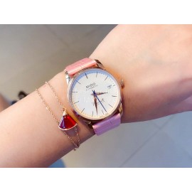 Mido Ultra Thin Case Leather Strap Watch For Women Pink