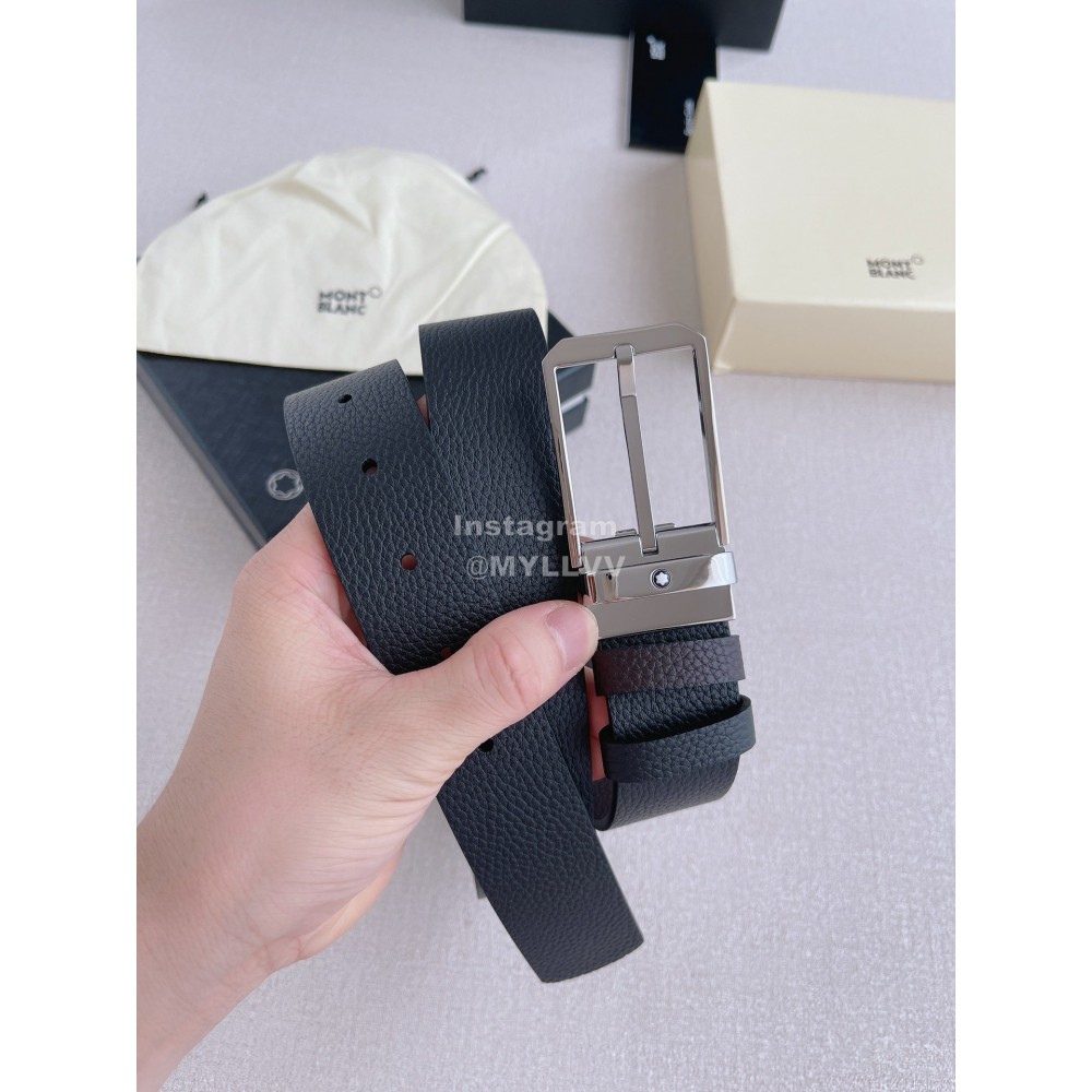 Montblanc Black Litchi Grain Cowhide Silver Pin Buckle 35mm Belt