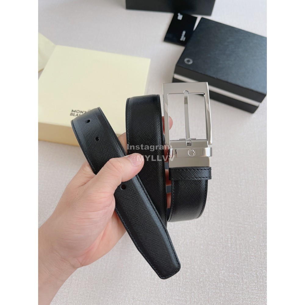 Montblanc New Black Calf Leather Silver Pin Buckle 35mm Belt