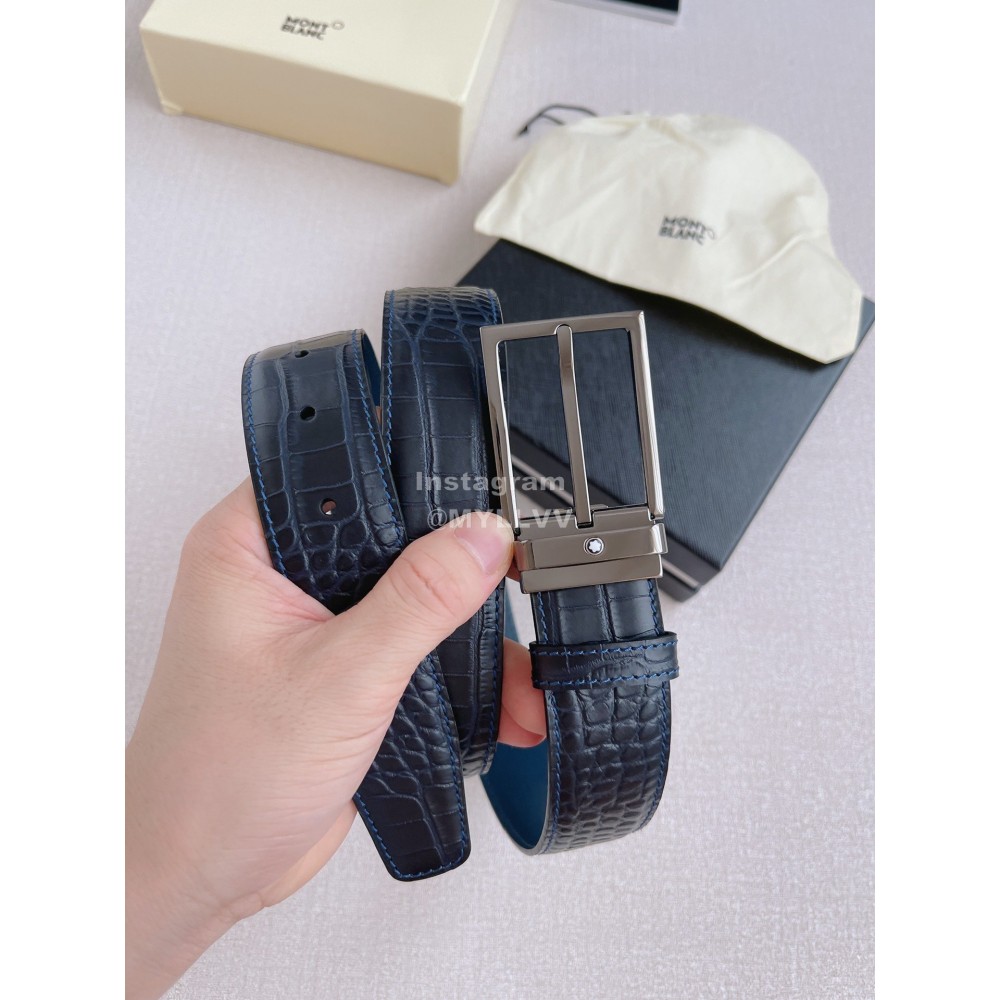 Montblanc New Crocodile Leather Gun Color Pin Buckle 35mm Belt Blue