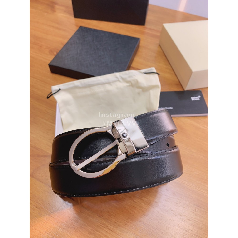 Montblanc Black Calf Leather Silver Pure Copper Pin Buckle 32mm Belt