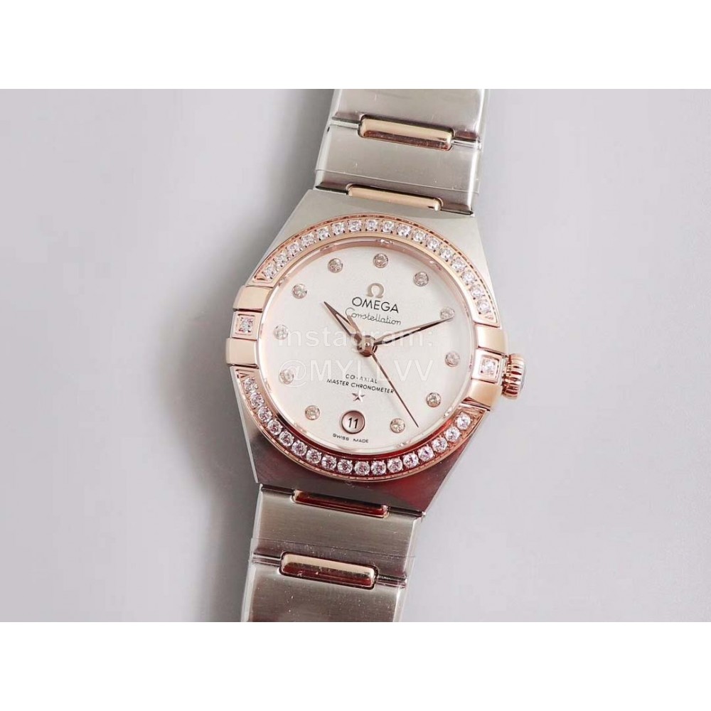 Omega 29mm Dial Diamond Steel Strap Watch Rose Gold