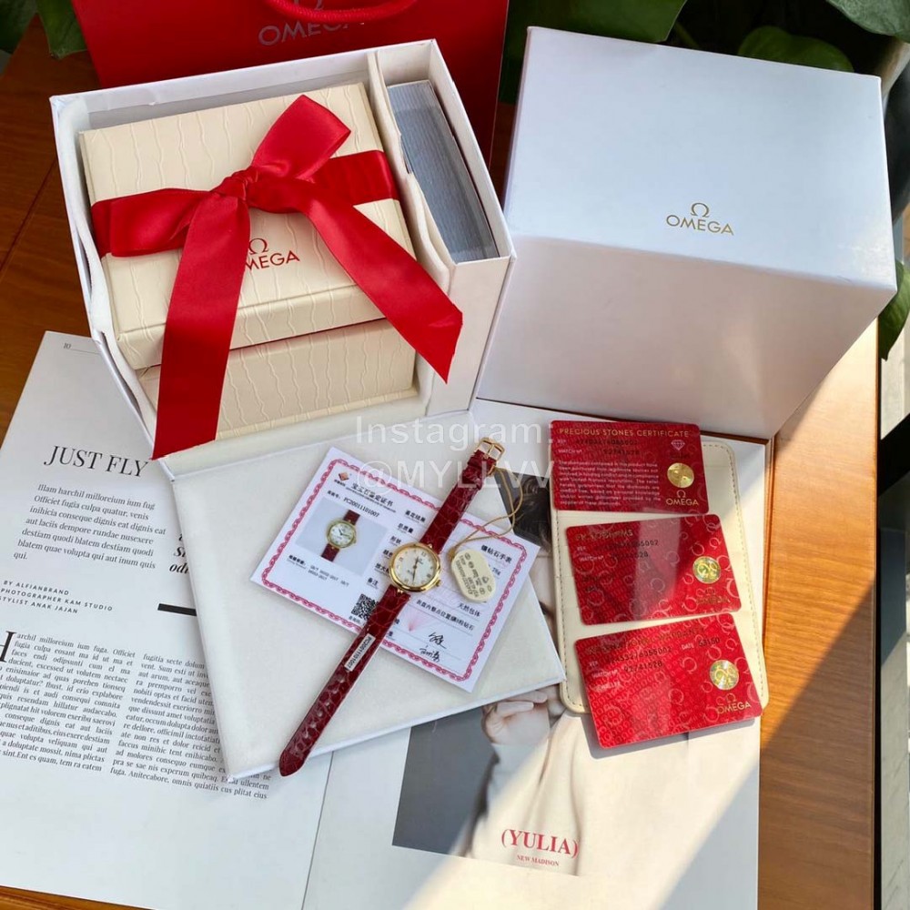 Omega 28mm Dial Wine Red Leather Strap Watch