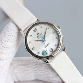 Omega 32.7mm Dial Leather Strap Watch White