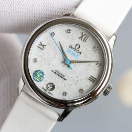 Omega 32.7mm Dial Leather Strap Watch White
