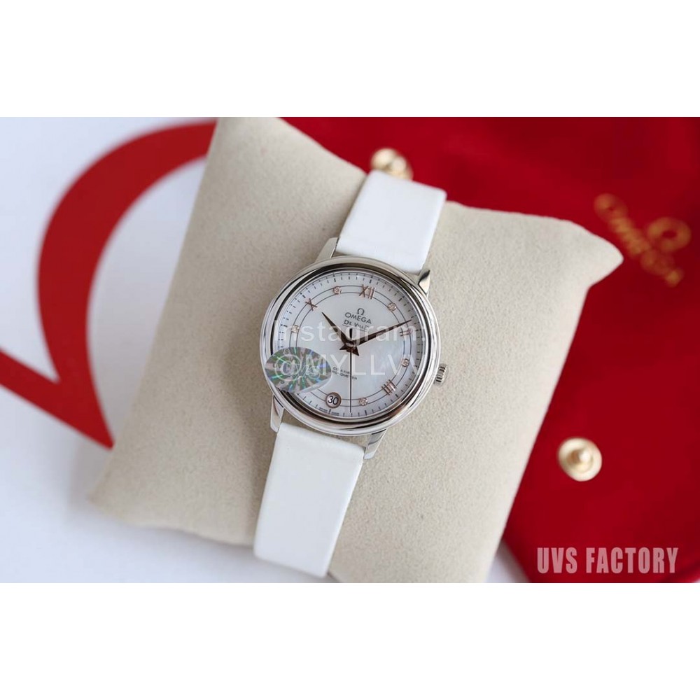 Omega Roman Numeral Dial White Leather Strap Watch
