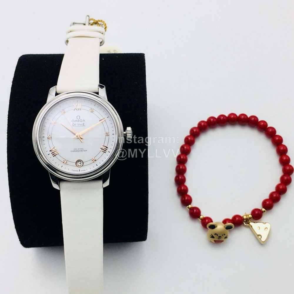 Omega 316l Steel Case White Leather Strap Watch