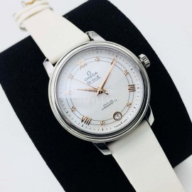 Omega 316l Steel Case White Leather Strap Watch