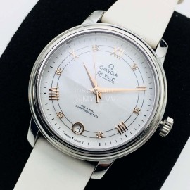 Omega 316l Steel Case White Leather Strap Watch