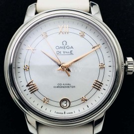 Omega 316l Steel Case White Leather Strap Watch