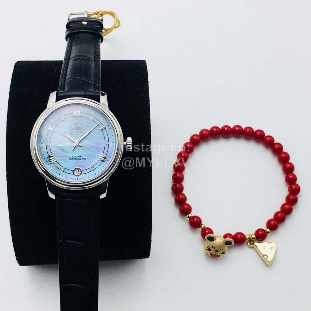 Omega 316l Steel Case Leather Strap Watch Blue