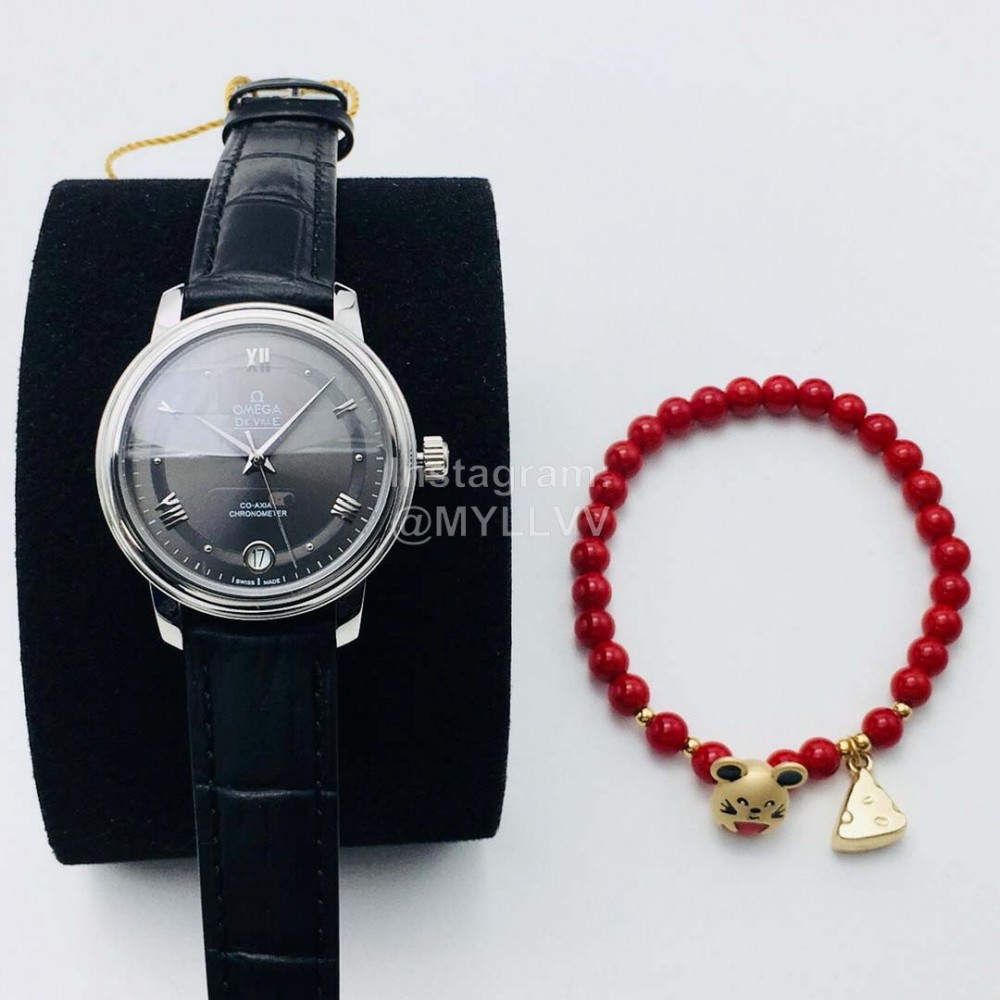 Omega 316l Steel Case Leather Strap Gray Dial Watch