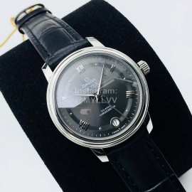 Omega 316l Steel Case Leather Strap Gray Dial Watch