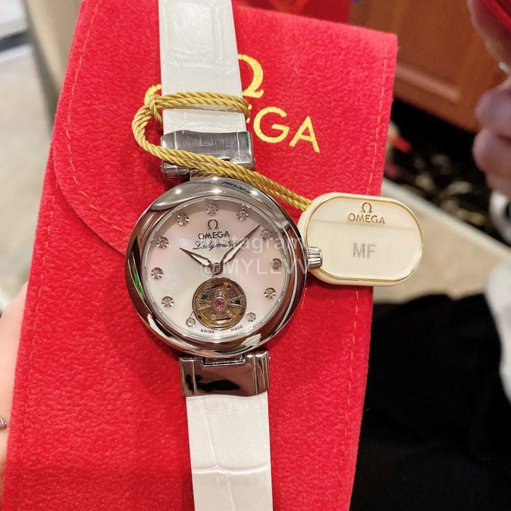 Omega Ladymatic Diamond Sapphire Crystal White Strap Watch