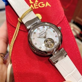 Omega Ladymatic Diamond Sapphire Crystal White Strap Watch