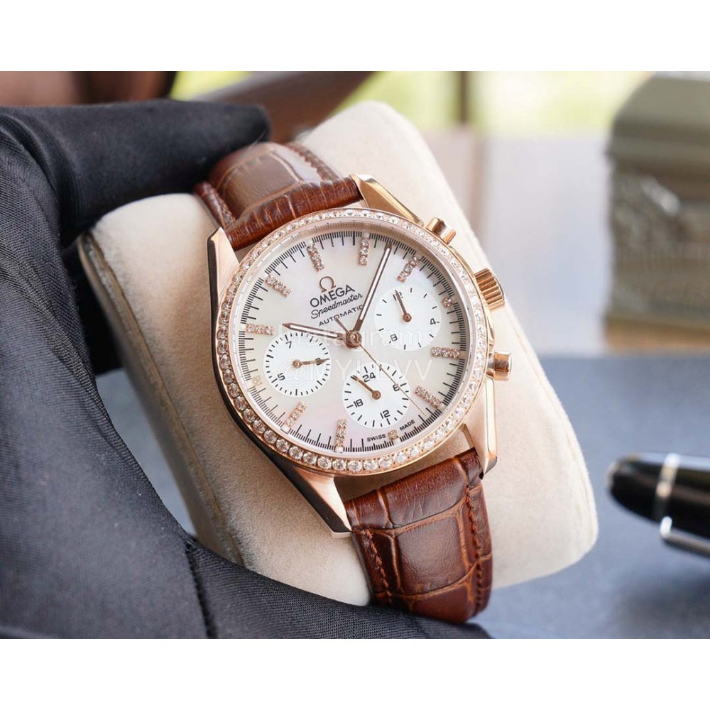 Omega Sapphire Crystal Leather Strap Watch Brown