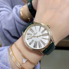 Omega Leather Strap Quartz Diamond Watch