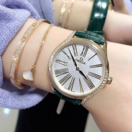 Omega Leather Strap Quartz Diamond Watch