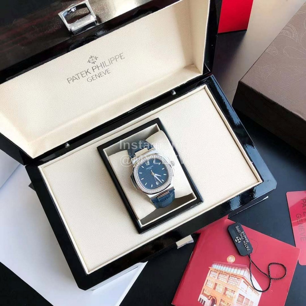 Patek Philippe 316l Steel 40mm Blue Dial Leather Strap Watch