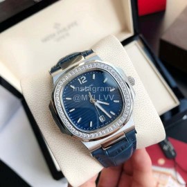 Patek Philippe 316l Steel 40mm Blue Dial Leather Strap Watch