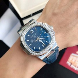 Patek Philippe 316l Steel 40mm Blue Dial Leather Strap Watch