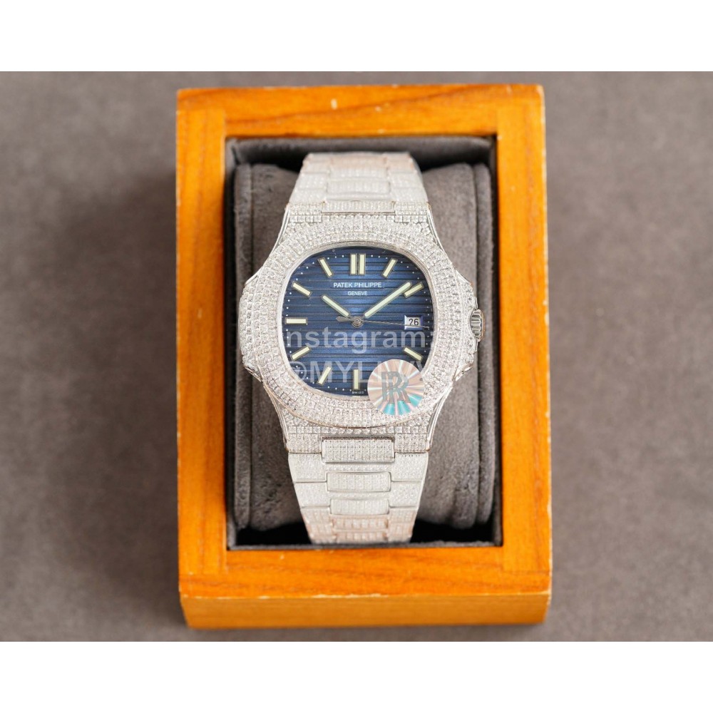 Patek Philippe Navy Dial Steel Strap Diamond Watch