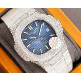 Patek Philippe Navy Dial Steel Strap Diamond Watch