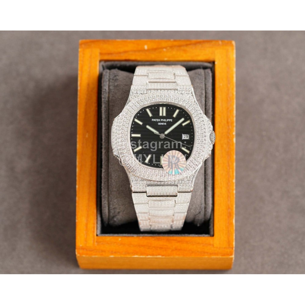 Patek Philippe Black Dial Steel Strap Diamond Watch