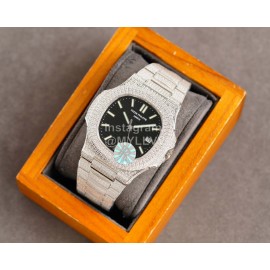 Patek Philippe Black Dial Steel Strap Diamond Watch