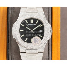 Patek Philippe Black Dial Steel Strap Diamond Watch