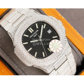 Patek Philippe Black Dial Steel Strap Diamond Watch