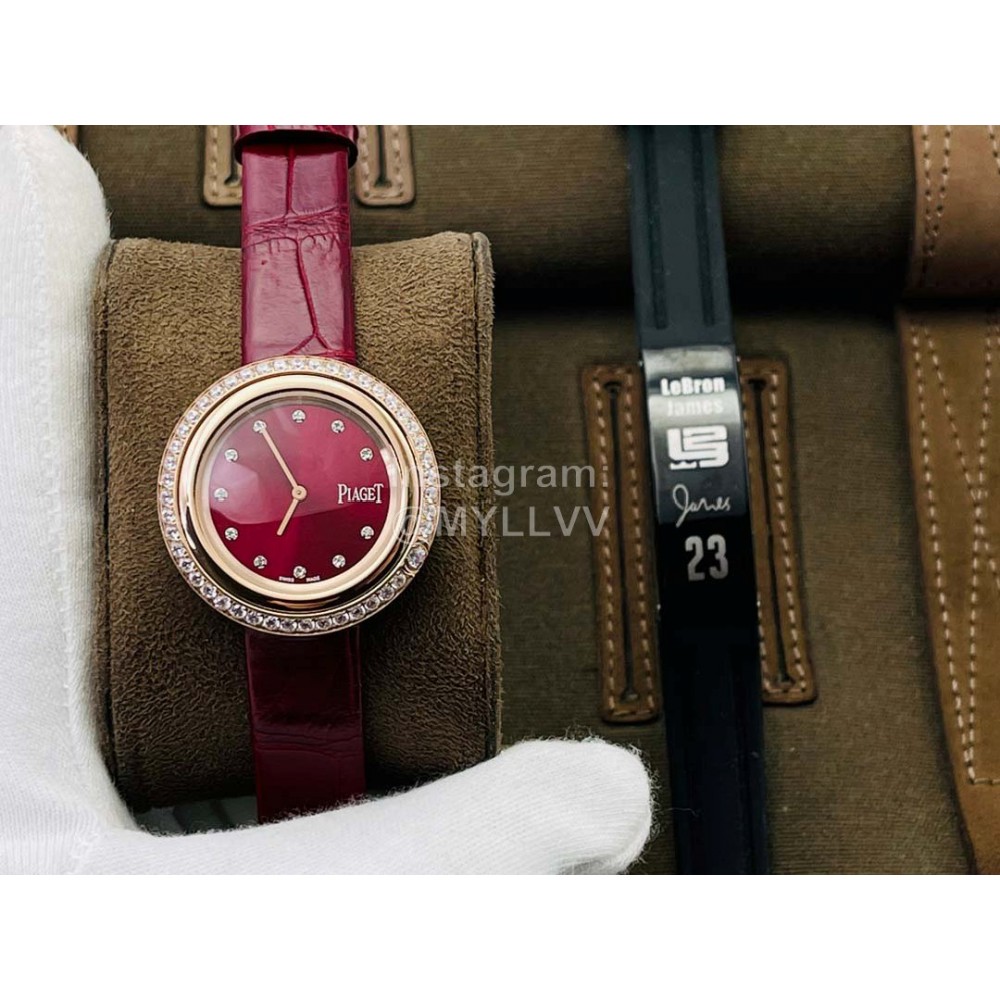 Piaget An Factory Diamond Case Leather Strap Watch Wine Red