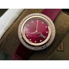 Piaget An Factory Diamond Case Leather Strap Watch Wine Red