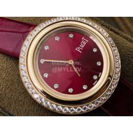 Piaget An Factory Diamond Case Leather Strap Watch Wine Red